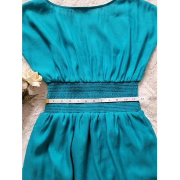 ✨CL CV By Cynthia Vincent Blue Thick Banded Waist Spanish Flare Short Sleeve Sm - Picture 10 of 13